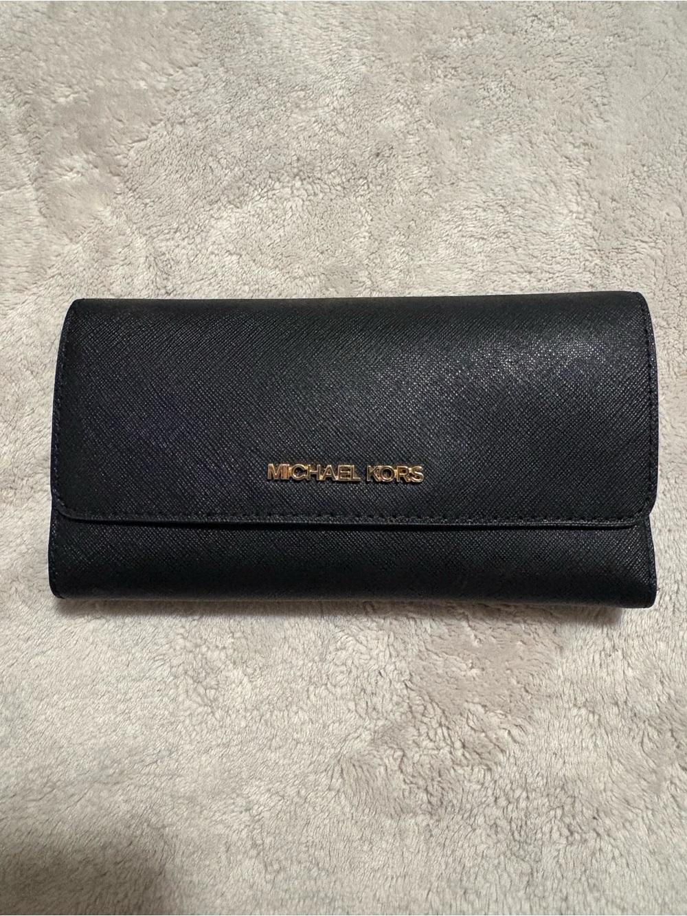 Michael Kors Black Saffiano Trifold Card Holder with Gold Logo